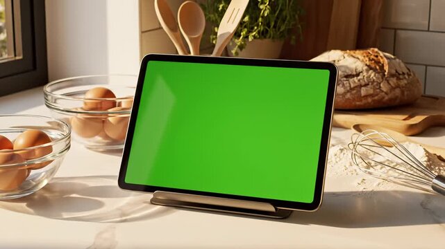 Tablet with green screen displays on a kitchen counter. Fresh baking ingredients are neatly arranged. Bright sunlight casts shadows on the modern surface.