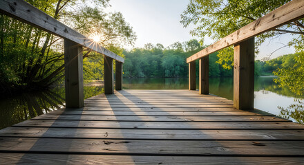 A wooden dock on a lake surrounded by trees