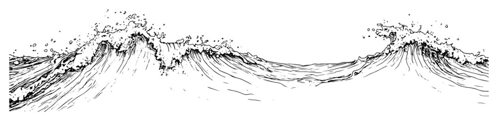 Ocean waves crashing line art hand-drawn monochrome illustration © Kaz