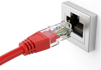Red network patch cord plugs into a silver wall data jack in a close up shot