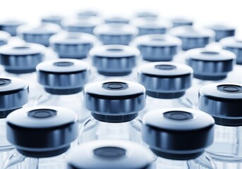 Numerous sterile medicinal vials are arranged in a close up pharmaceutical setting with cool blue lighting.