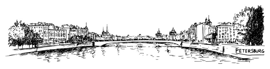 Fototapeta premium St petersburg city panorama with river and buildings hand-drawn illustration
