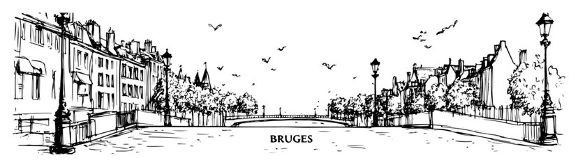 Bruges city canal with historic architecture hand-drawn line art © Kaz