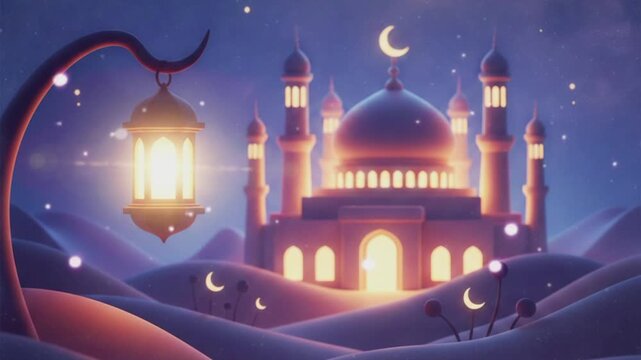 Ramadan Kareem Background with Animated Lantern and Mosque in Desert for Ramadan Kareem,Aidil Fitri, eid Mubarak decoration design gift background	