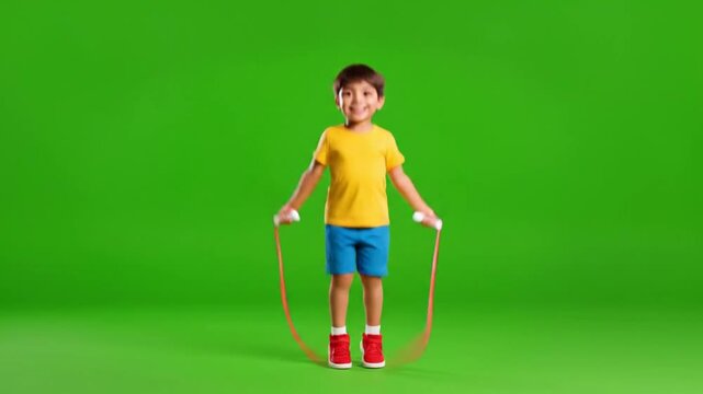 Boy Jumping Rope on Green Background