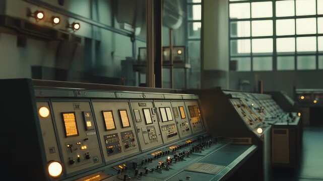 Control room features a vintage computer console with numerous illuminated monitors, buttons, switches, and dials, symbolizing historical technology, data management, and operational command