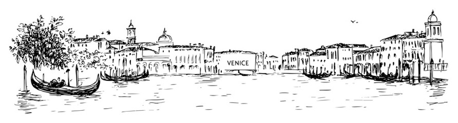 Venice canal with gondola and historic buildings hand-drawn scene © Kaz