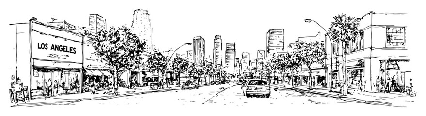 Los angeles city street view with skyline and shops hand-drawn urban illustration © Kaz