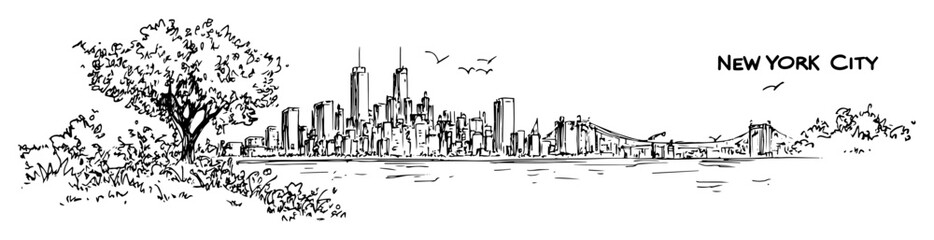 Obraz premium New york city skyline with central park trees hand-drawn vector