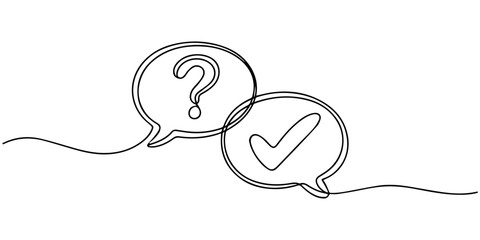 Speech bubbles with question and exclamation mark continuous one line drawing. Dialogue sign. Chat linear symbol. Vector illustration isolated on white, Quick tips. Continuous one line drawing © SREEMOTIJANOTA