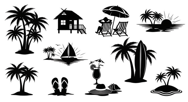 A collection of black silhouettes featuring tropical scenes and palm trees