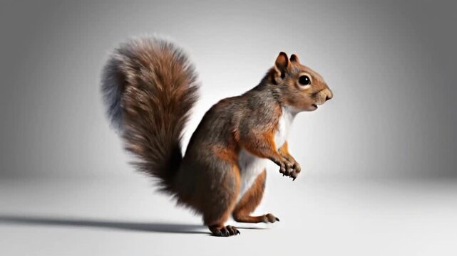 Squirrel stands upright and looks around in a studio setting
