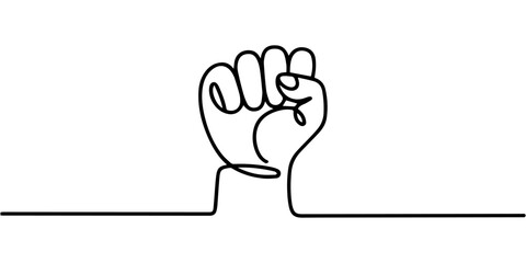 Fototapeta premium Continuous line drawing of strong fist raised up. Human arm with clenched fingers, one line drawing vector illustration, fist upwards one continuous line art. outline border frame, Continuous line.