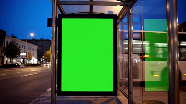 Green screen billboard stands empty at a city bus stop during evening. Urban street traffic passes by. This provides a customizable advertising space.