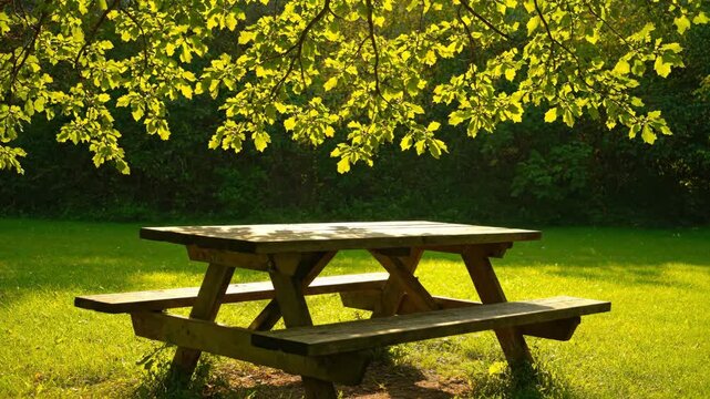 Peaceful summer scene with an empty picnic table on a lush green meadow. Bright sunlight shines through the fresh leaves of an overhanging tree creating a tranquil mood