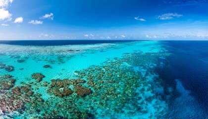 Fototapeta premium aerial view of a vibrant turquoise ocean with coral reefs and clear blue water