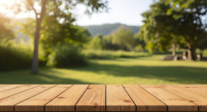 A wooden table in a serene outdoor setting