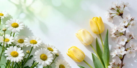 Beautiful spring floral background with white daisies, yellow tulips and cherry blossom on light surface with copy space. Gentle flower composition for Easter or Mother's Day.