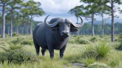 Obraz premium Majestic African Buffalo Standing in a Grassy Field with Pine Trees in the Background