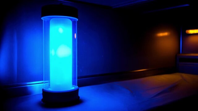 Closeup medium shot of a UV water purifier setup highlighting germicidal technology enhancing water safety by eliminating bacteria and viruses.