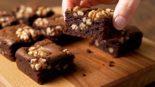 Female hand taking a homemade chocolate brownie with walnuts from a wooden board. Delicious fudgy dessert squares for a bakery or cafe menu, concept of sweet indulgence