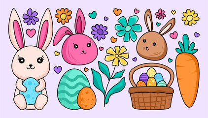 Sweet easter holiday element bunnies eggs element, easter day element set, easter bunny flat design collection set, icon easter day element set, design for print