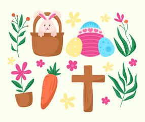 Sweet easter holiday element bunnies eggs element, easter day element set, easter bunny flat design collection set, icon easter day element set, design for print