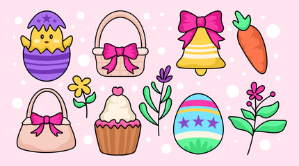 Sweet easter holiday element bunnies eggs element, easter day element set, easter bunny flat design collection set, icon easter day element set, design for print