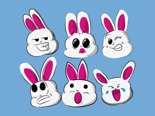 Cute handdrawn bunny faces with various expressions set, bunny cute emoticon sticker collection, emoticon bunny character set