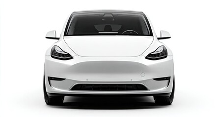 Front-facing view of a white electric crossover, isolated on a white background