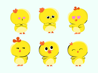 Cute cartoon chicks with various expressions, Collection Element set, Sticker, Design for Print