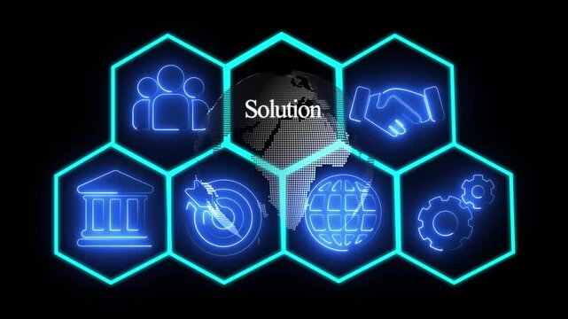 Glowing neon line Solution concept button on a visual display. abstract technology background with rotating world map icon, Business, Technology, Internet and networking concept 4k Video.