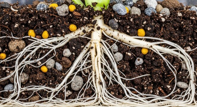 Detailed cross section reveals healthy plant root system growing within nutrient rich potting medium