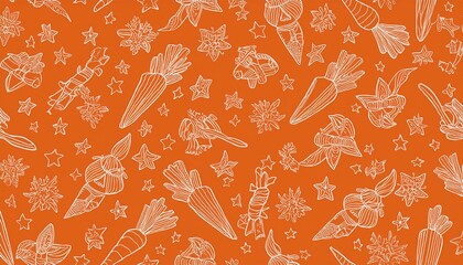 sinterklaas symbols of st nicholas day carrots horse stars white outline on a bright orange background simple seamless pattern in doodle style