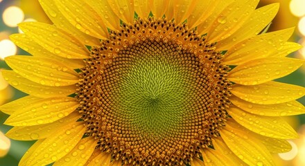 Obraz premium Detailed macro view captures a blooming sunflower head covered in fresh water droplets against a soft, illuminated background.