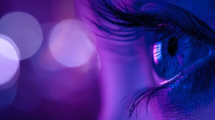 Intense violet eye portrait reveals a futuristic beauty bathed in neon ultraviolet light reflections