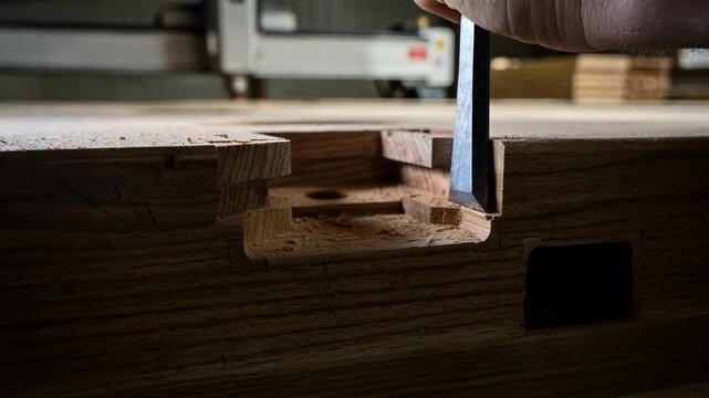 Closeup of notched wooden components being fabricated showcasing detailed cuts for interlocking mass timber parts used in modern architectural designs.