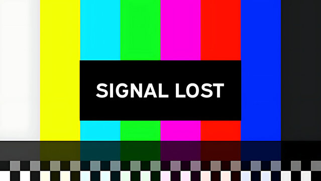 A television screen displaying a signal lost message with a colorful background