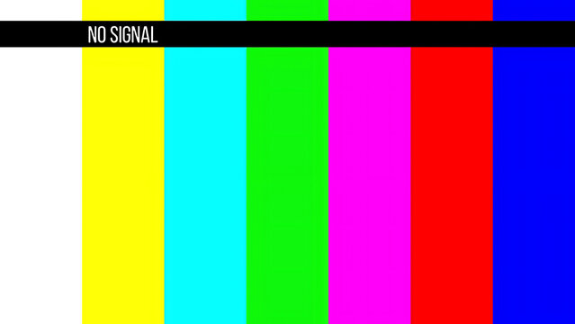 A television screen displaying a static color bar with a no signal message