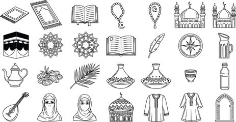 Obraz premium Islamic culture icon set, Muslim religion symbols collection, Quran mosque Kaaba dates traditional objects, Arabic heritage festival vector illustration