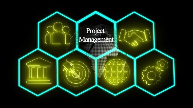 Neon Project Management Concept with Futuristic Earth Map Animation