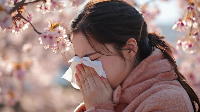 Young woman suffering from a spring allergy, sneezing and wiping her nose with a tissue in a park with blooming cherry blossoms, a concept of seasonal hay fever and healthcare background