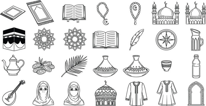 Islamic culture icon set, Muslim religion symbols collection, Quran mosque Kaaba dates traditional objects, Arabic heritage festival vector illustration