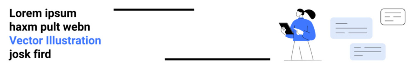 Business strategy, digital tools, information sharing, online learning, content analysis, teamwork. Stylized figure with tablet and floating text bubbles. Business strategy and digital tools concept