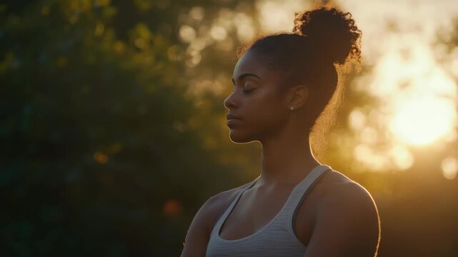 A female athlete in a meditative pose at sunset, wearing sportswear. Concept of wellness and mindfulness during physical activity.