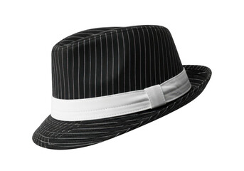 Classic black fedora hat with white band isolated on transparent background