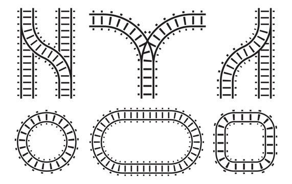 Train track designs featuring railway junction silhouettes with multiple switches, forks, and splitting tracks, suitable for complex rail layouts, network planning, and transport route visualization.