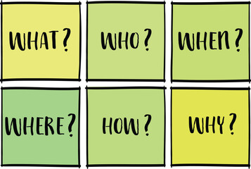 what, who, when, where, how and why questions - uncertainty, brainstorming or decision making concept, a set of reminder notes