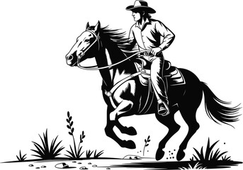 Fototapeta premium Cowboy horse riding western silhouette ranch adventure desert country outlaw rider vintage rustic illustration