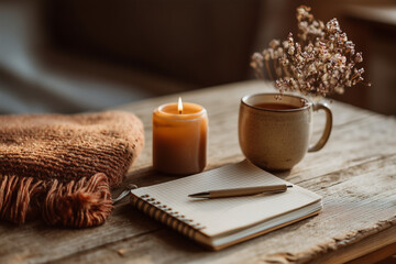 Cozy still life with notebook, yarn, mug and glowing candle in tea on rustic table by window. Warm cinematic style, concept of mindfulness and hygge, ideal for lifestyle, wellness and branding use